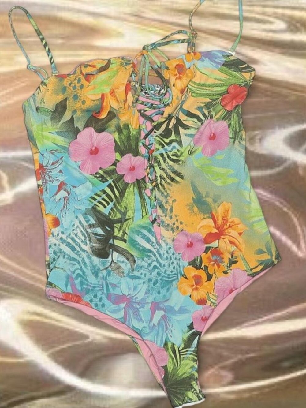 San Lorenzo floral Hawaiian tropical x Barbie pink reversible one piece swimsuit